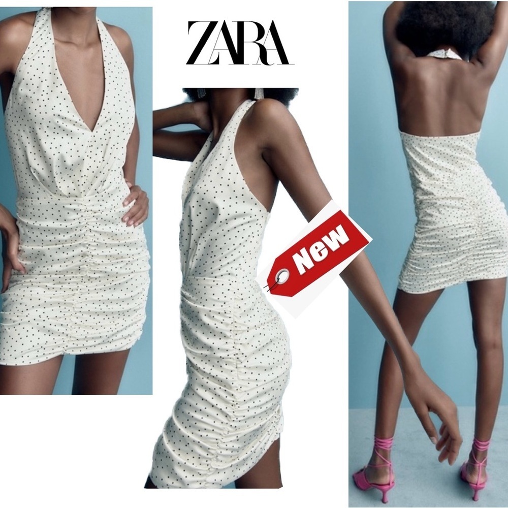 NEW Zara Satin Draped Black & White Polka Dot Halter Dress with Ruched Bottom